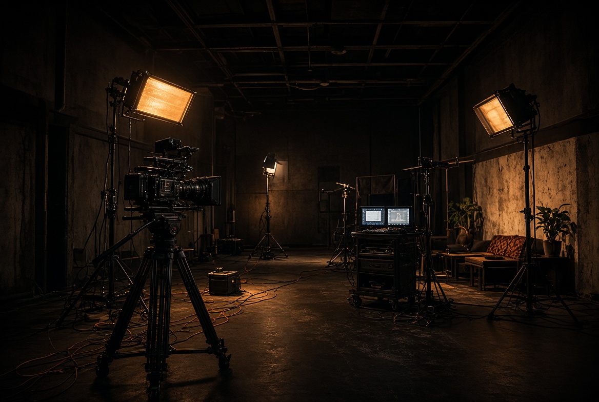 Studio floor with cinema camera and lights
